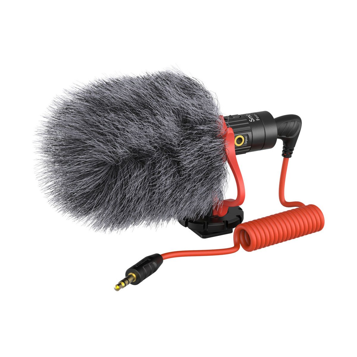 SmallRig 3468 Forevala S20 Mikrofon für Kamera - Seitenansicht Mikrofon mit Fellwindschutz und orangefarbenem Spiralkabel