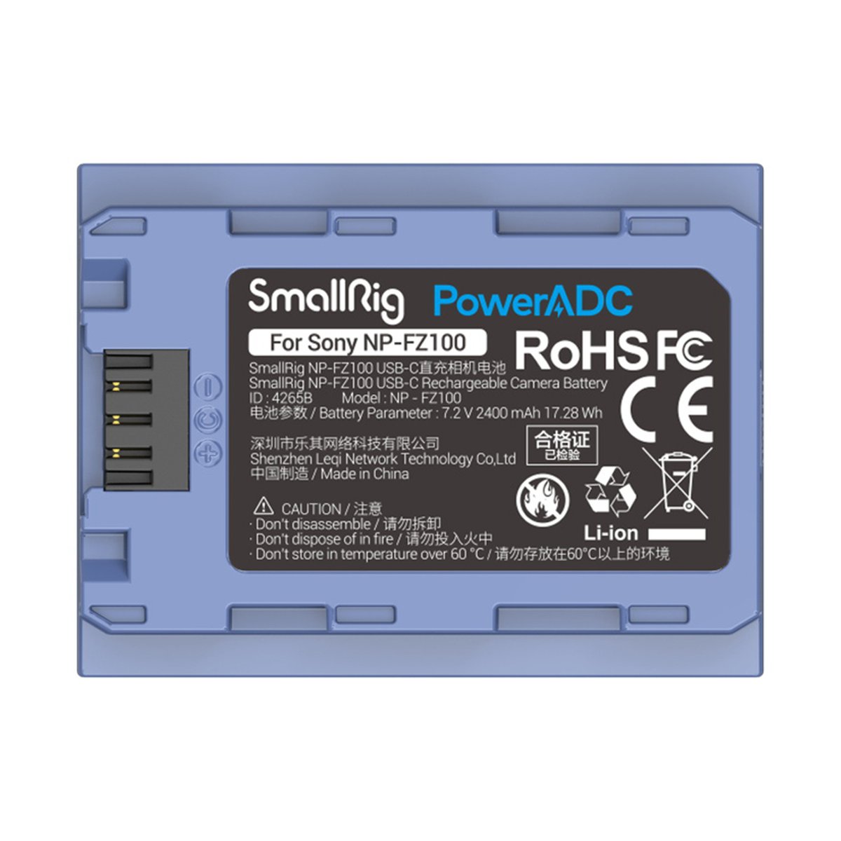 SmallRig 4265B NP-FZ100 USB-C aufladbare Kamerabatterie - Vorderseite der SmallRig PowerADC NP-FZ100 Kamera-Akku mit allen Beschriftungen und Spezifikationen.