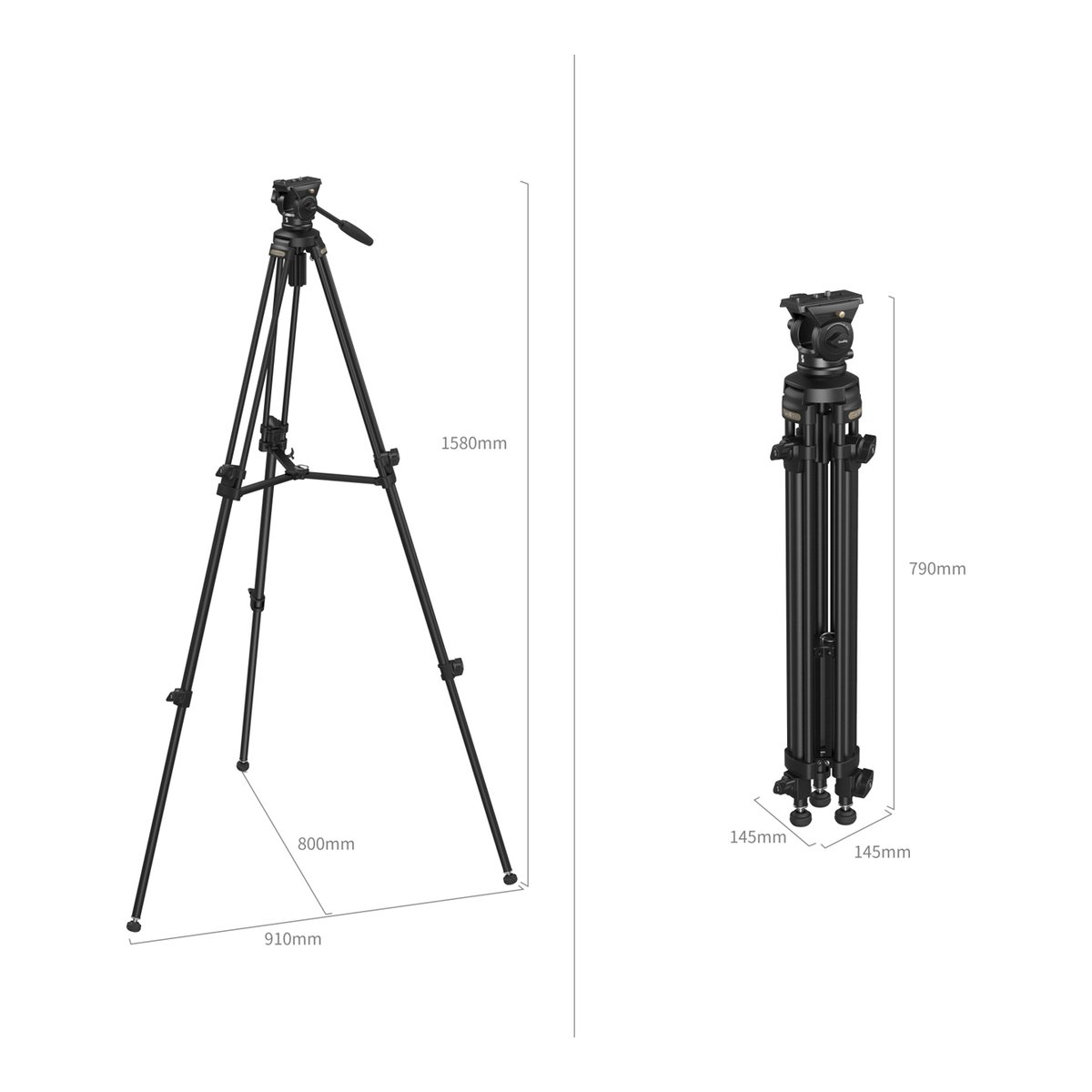 SmallRig 4684 AD-50 Light Stativ - Produktmaße Stativ: Ausgefahren (1580mm Höhe) und zusammengeklappt (790mm Höhe) SmallRig 4684 AD-50 Light Stativ - Produktmaße Stativ: Ausgefahren (1580mm Höhe) und zusammengeklappt (790mm Höhe)