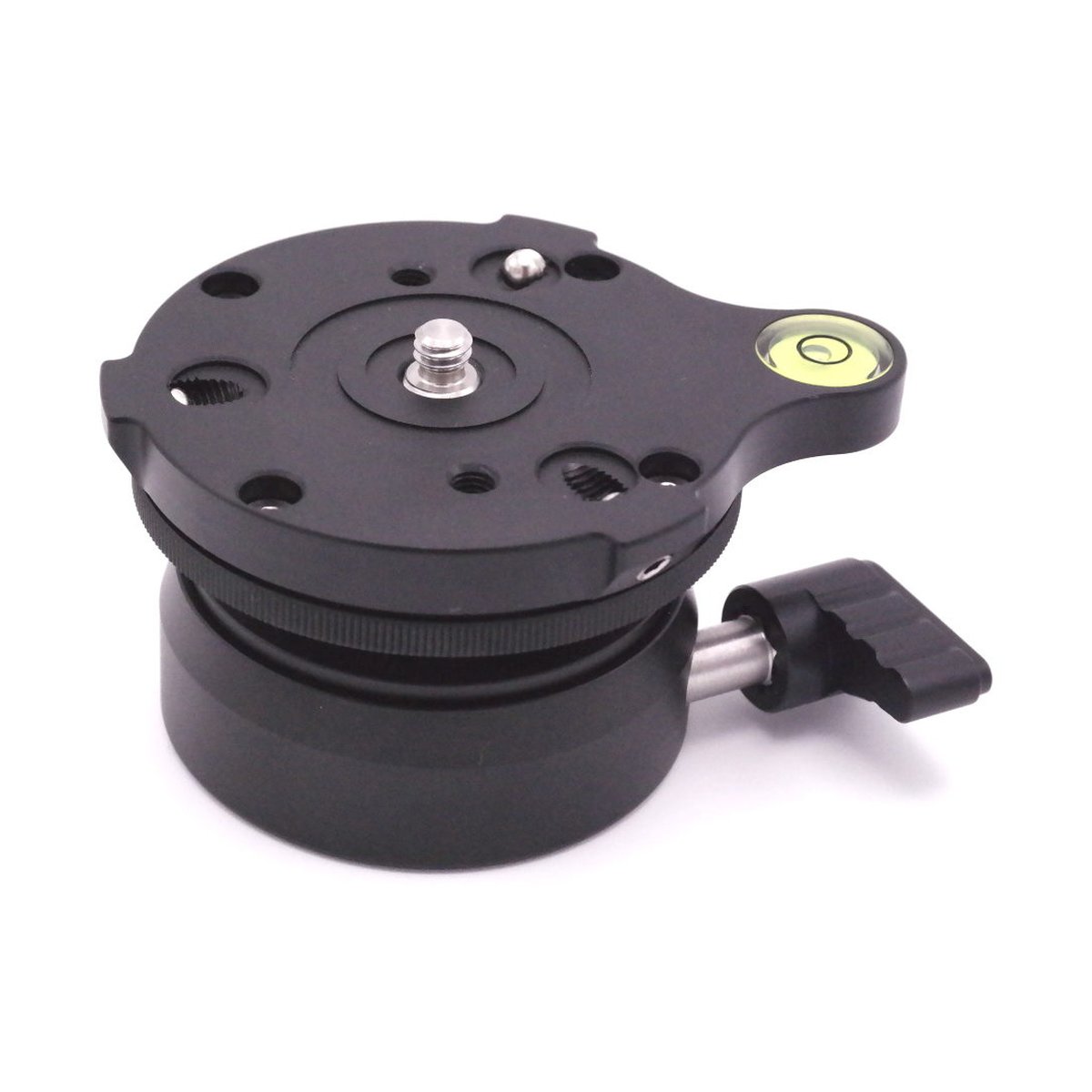 Caruba Nivelliersockel - Omnidirektional & 1/4" Gewinde (DY-60a) - Produktansicht schwarze Nivellierbasis mit Wasserwaage