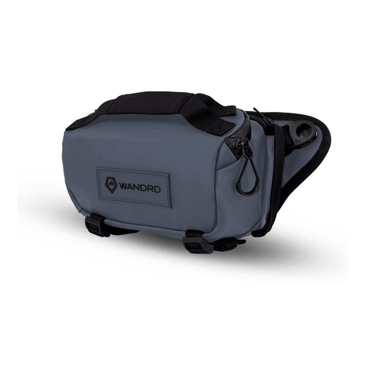 WANDRD ROGUE Sling 3L Aegean Blue - Graue WANDRD Hüfttasche, schräge Frontansicht mit Logo.