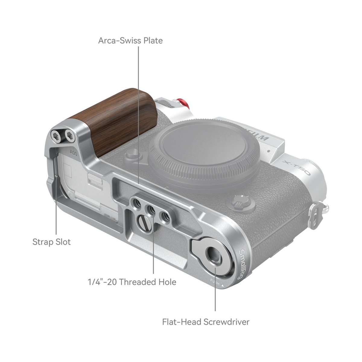 SmallRig 4735 Wooden L-Shape Handle für Fujifilm X-T50 silver - Funktionsübersicht des Kameragriffs: Arca-Swiss Platte, Gewindelöcher, Riemenschlitz und integrierter Schraubendreher.