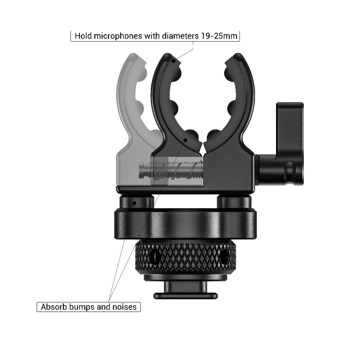 SmallRig 2352 Shotgun Mikrofon-Halterung mit Blitzschuh - Detailansicht Mikrofonhalterung: Klemmbereich 19-25mm, stoßdämpfend zur Geräuschreduzierung