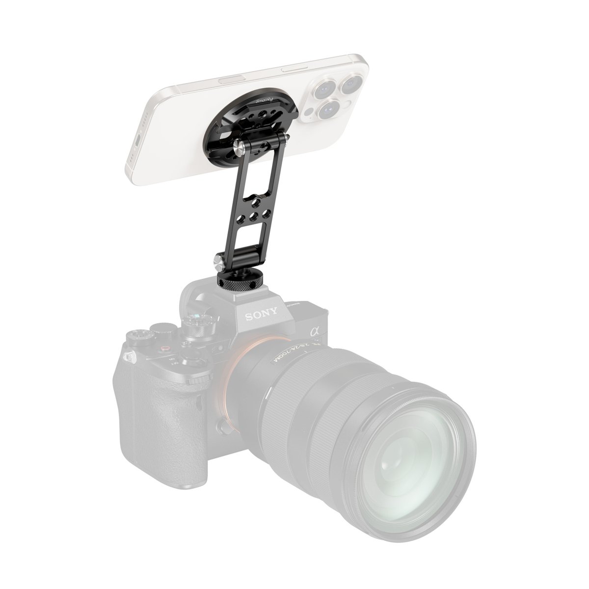 SmallRig 5156 Support with Cold Shoe Mount (for Phones) - Anwendungsbeispiel: Smartphone-Halterung auf Kamerablitzschuh montiert