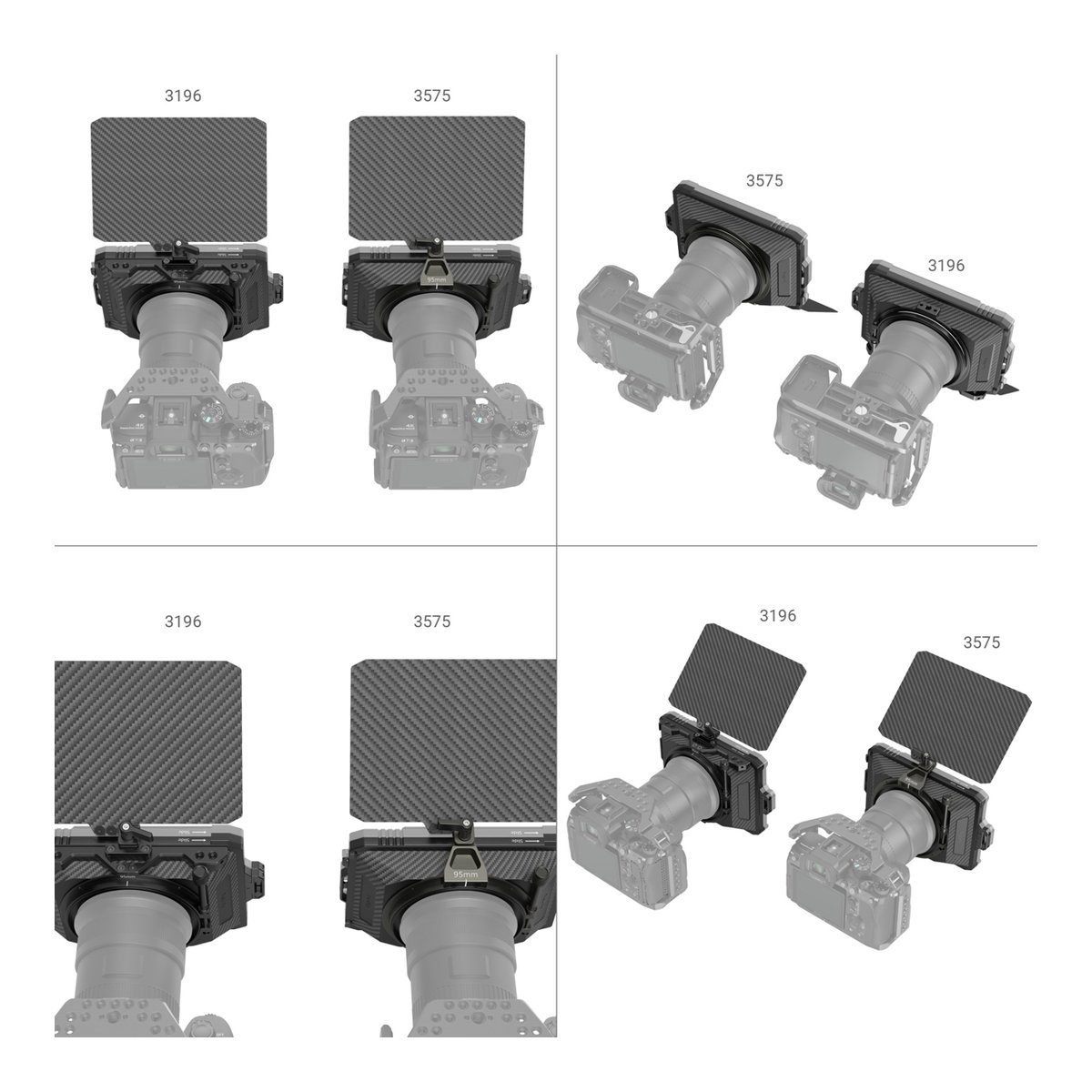SmallRig 3575 Mini Matte Box Lite Filterhalter/Gegenlichtblende - Matte-Box 3196 und 3575 an Kameras in 4 Ansichten: Front, schräg und detaillierte Nahaufnahmen.