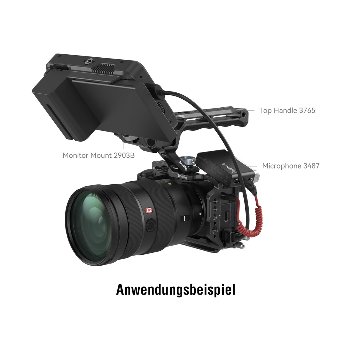 SmallRig 4336 Cage Kit für Sony Alpha 6700 - Anwendungsbeispiel: Kamera-Rig mit Monitorhalterung, Top Handle und Mikrofon.