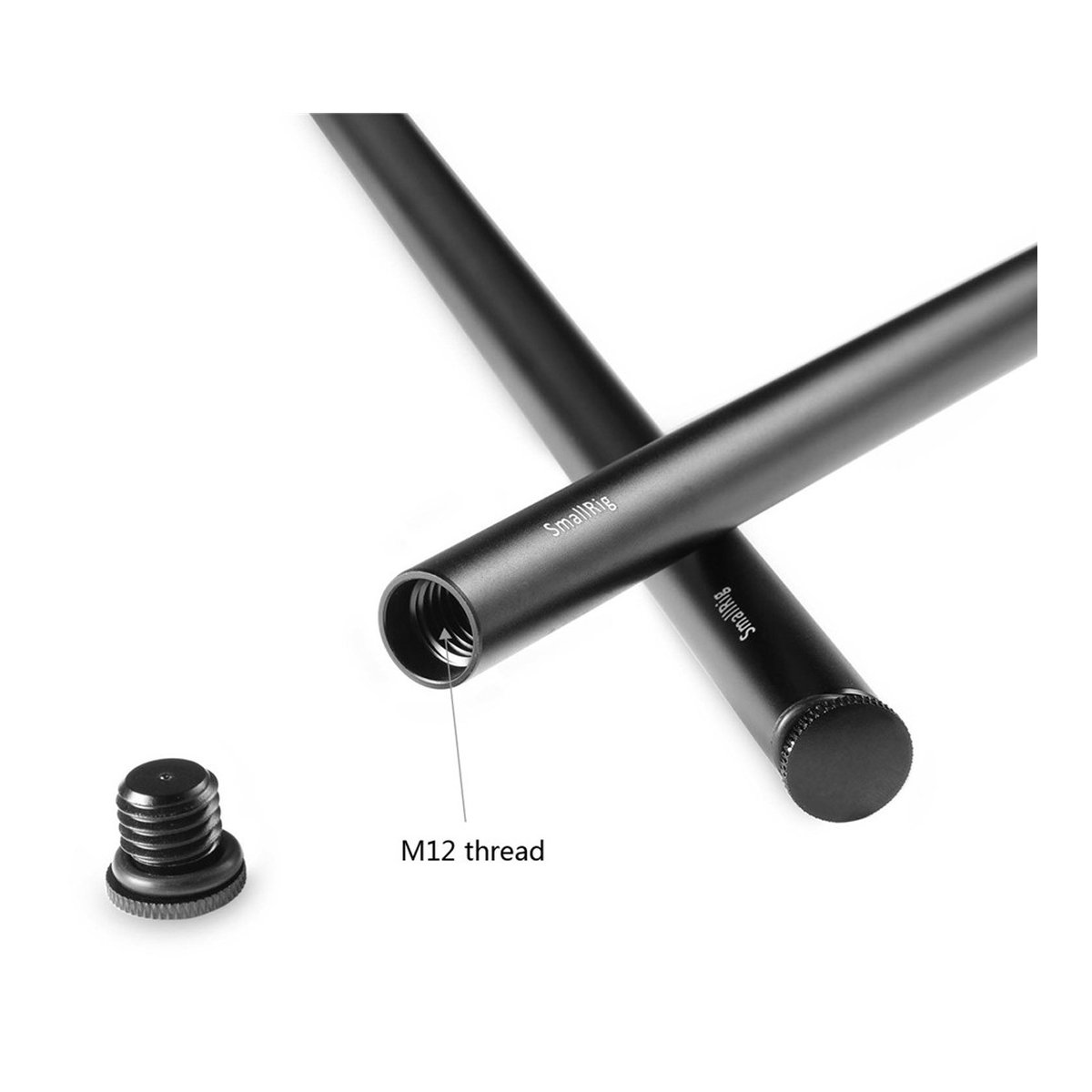 SmallRig 1054 Aluminium-Rods 41 cm, 2-er Pack, mit M12-Innengewinde (15 mm) - Detailansicht des M12-Gewindes am Ende der SmallRig Stange und einer separaten Kappe
