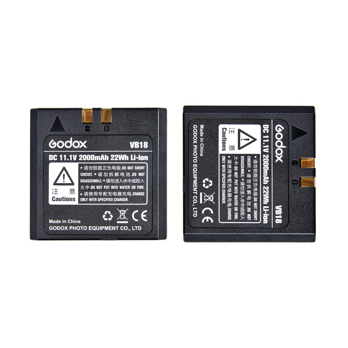 Godox Accu V8-serie - Godox VB18 Akku: Vorderansicht und gedrehte Ansicht mit Anschlüssen