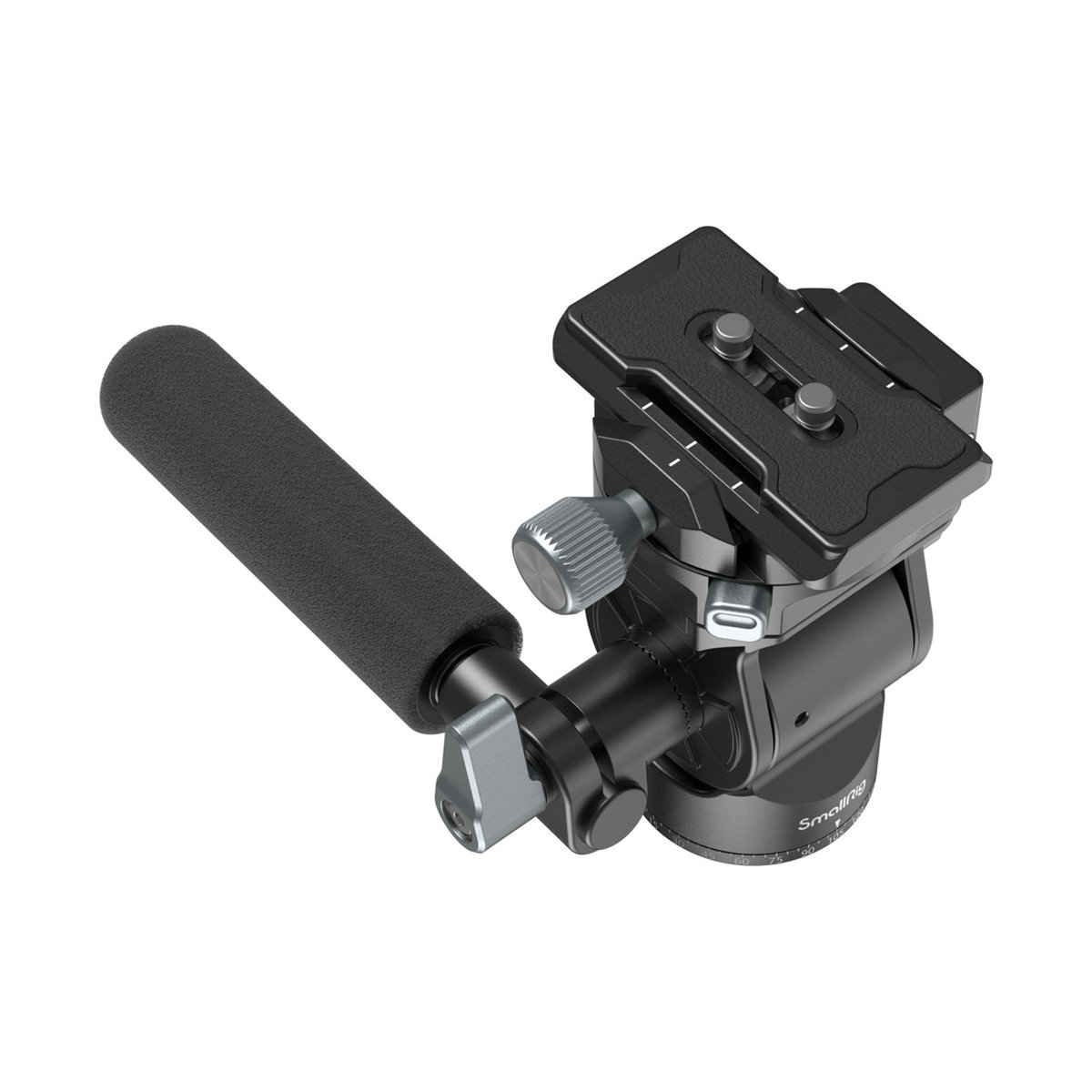 SmallRig 4307 FreeBlazer Videostativ aus Aluminiumlegierung CT195 - Schrägansicht Fluidkopf mit Schwenkgriff und Schnellwechselplatte