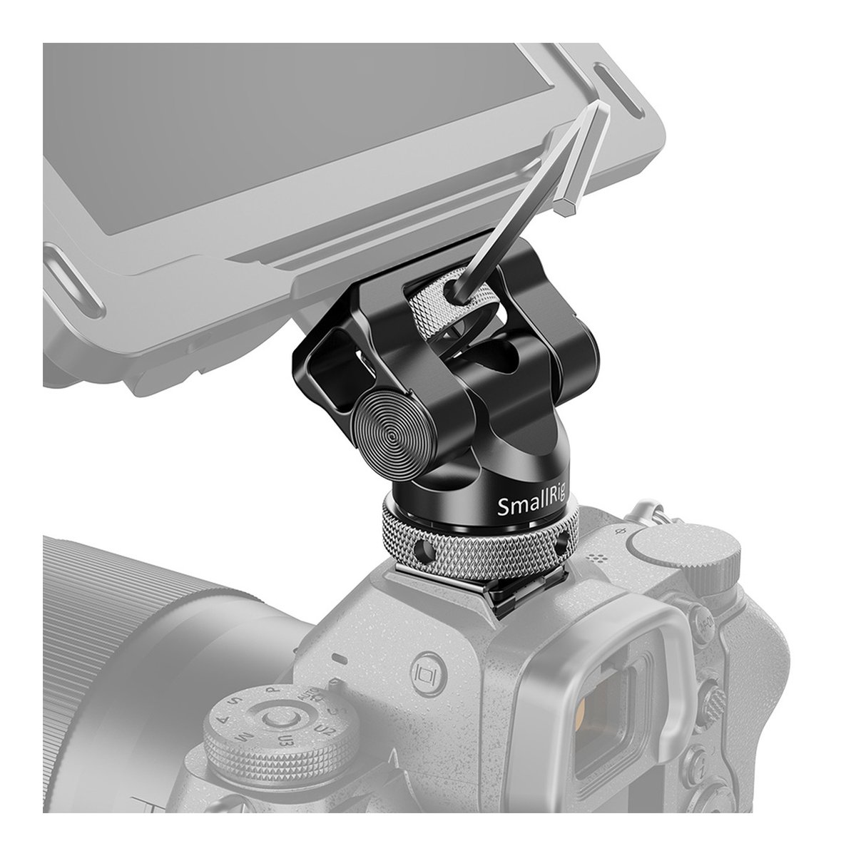 SmallRig 2346B Swivel&Tilt Monitor- Halterung kipp-/360° drehbar + Cold Shoe - Anwendungsbeispiel des SmallRig Monitorhalters an einer Kamera