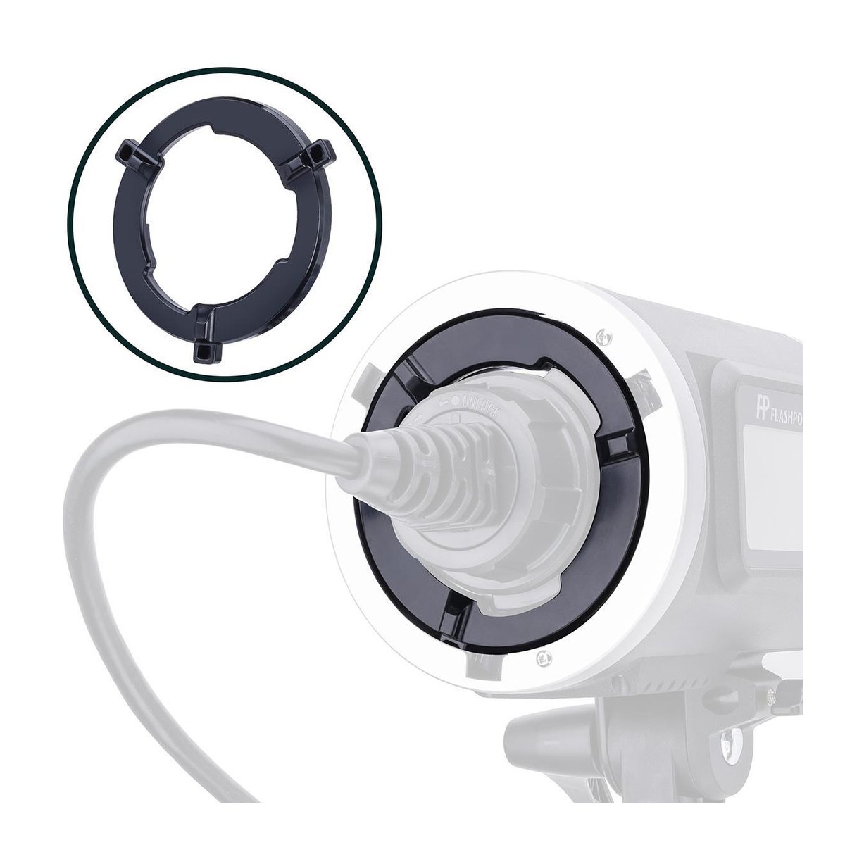 Godox AD600 Schliessring Bowens Halterung - Detailansicht: schwarzer Bowens-Mount-Adapter, einzeln & an Blitzgerät montiert