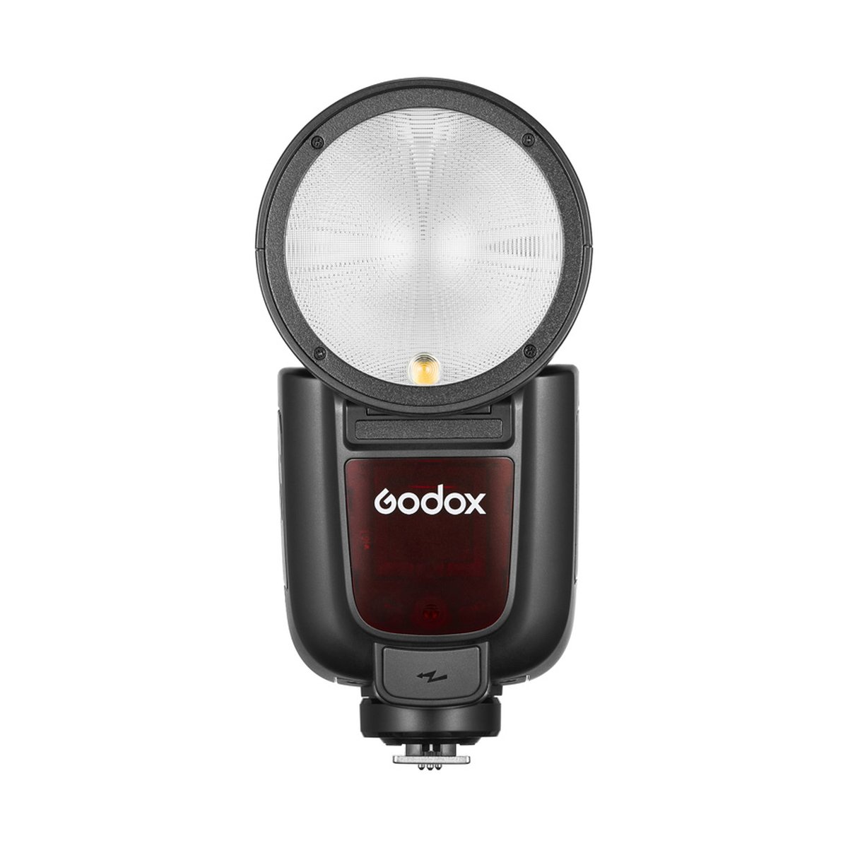 Godox Speedlite V1Pro Fujifilm - Frontansicht des Godox V1 Blitzgeräts mit rundem Kopf und Godox Logo