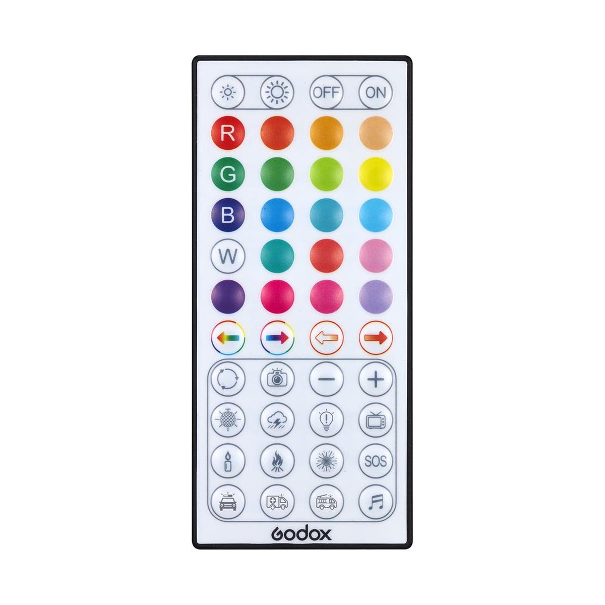 Godox CL10 Ambient LED Licht - Frontansicht einer Godox Fernbedienung mit Farbtasten und Funktionssymbolen für Lichteffekte.