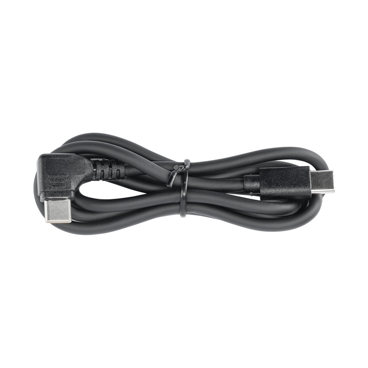 SmallRig 4838 LP-E6NH 4-Channel Camera Battery Charger - Schwarzes, zusammengerolltes USB-C Kabel mit einem gewinkelten und einem geraden Stecker.