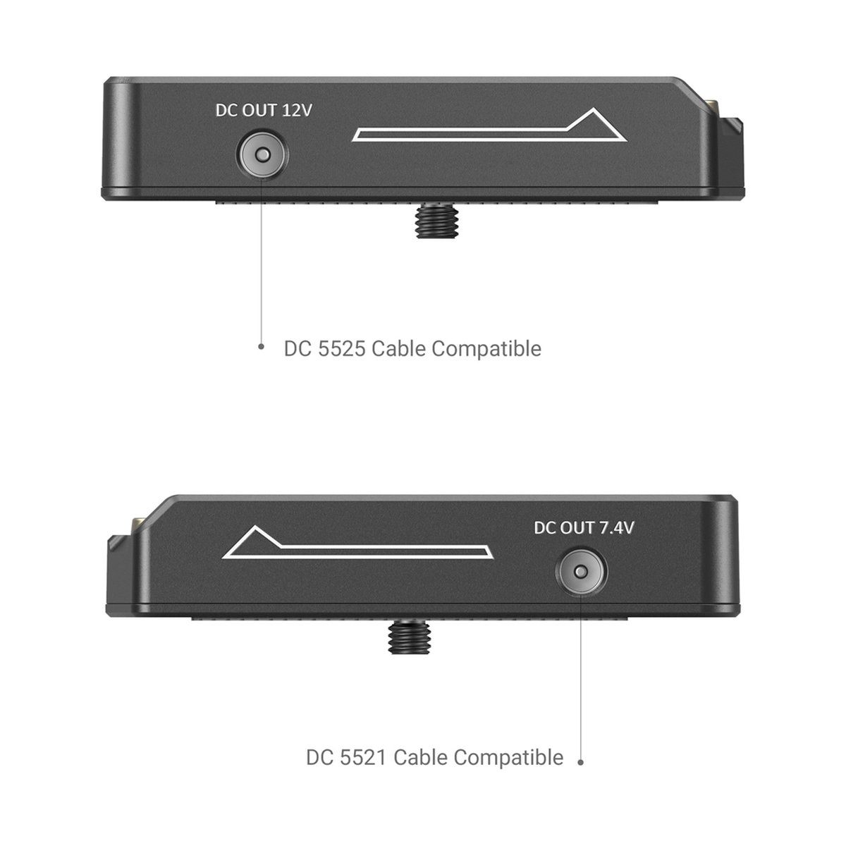 SmallRig 3018 NP-F Batterieadapterplatte - Detailansicht der DC-Ausgänge (12V & 7.4V) und kompatiblen Kabeltypen (DC 5525, DC 5521)