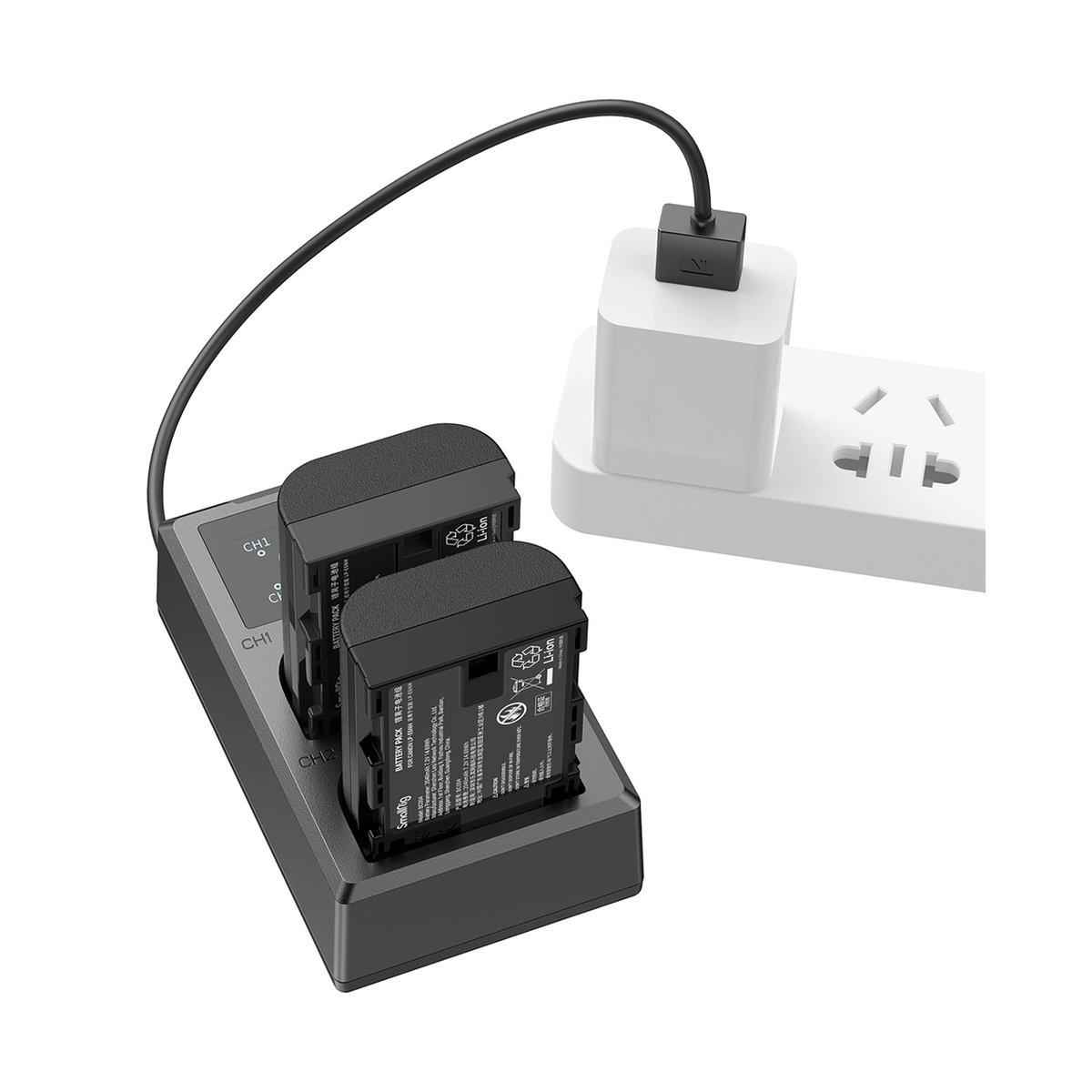 SmallRig 3821 LP-E6NH Kamera-Akku und Ladegerät Kit - Anwendungsbeispiel: Zwei Akkus im dualen Ladegerät, angeschlossen an Netzteil und Steckdosenleiste.