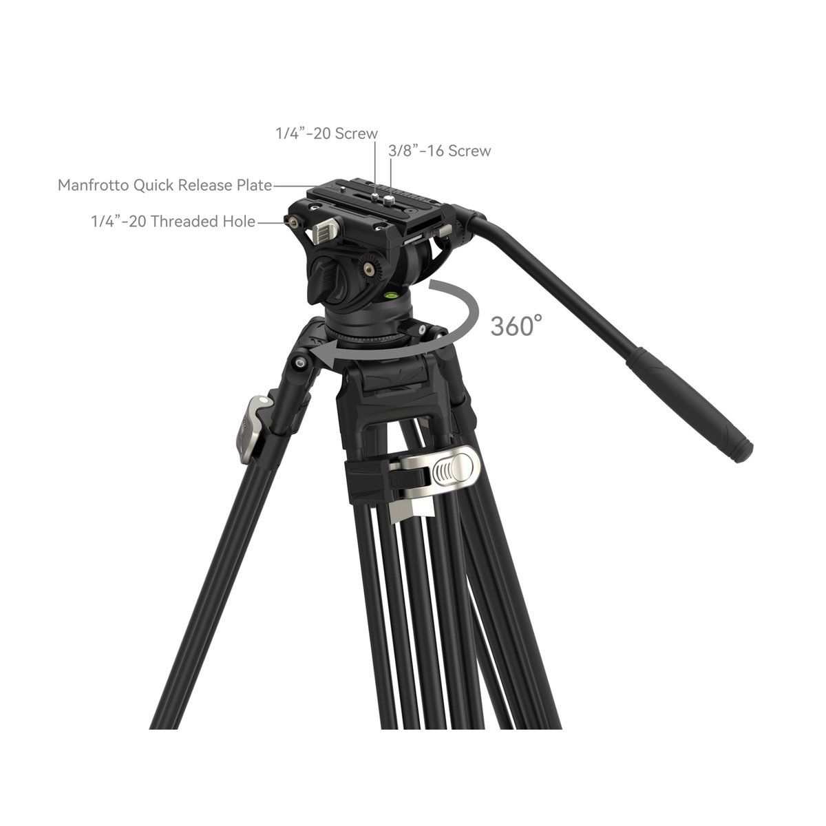 SmallRig 4163 FreeBlazer Heavy Duty Stativ Kit - Detailansicht Stativkopf mit Schnellwechselplatte, Schrauben (1/4"-20, 3/8"-16), Gewindebohrung & 360° Drehung