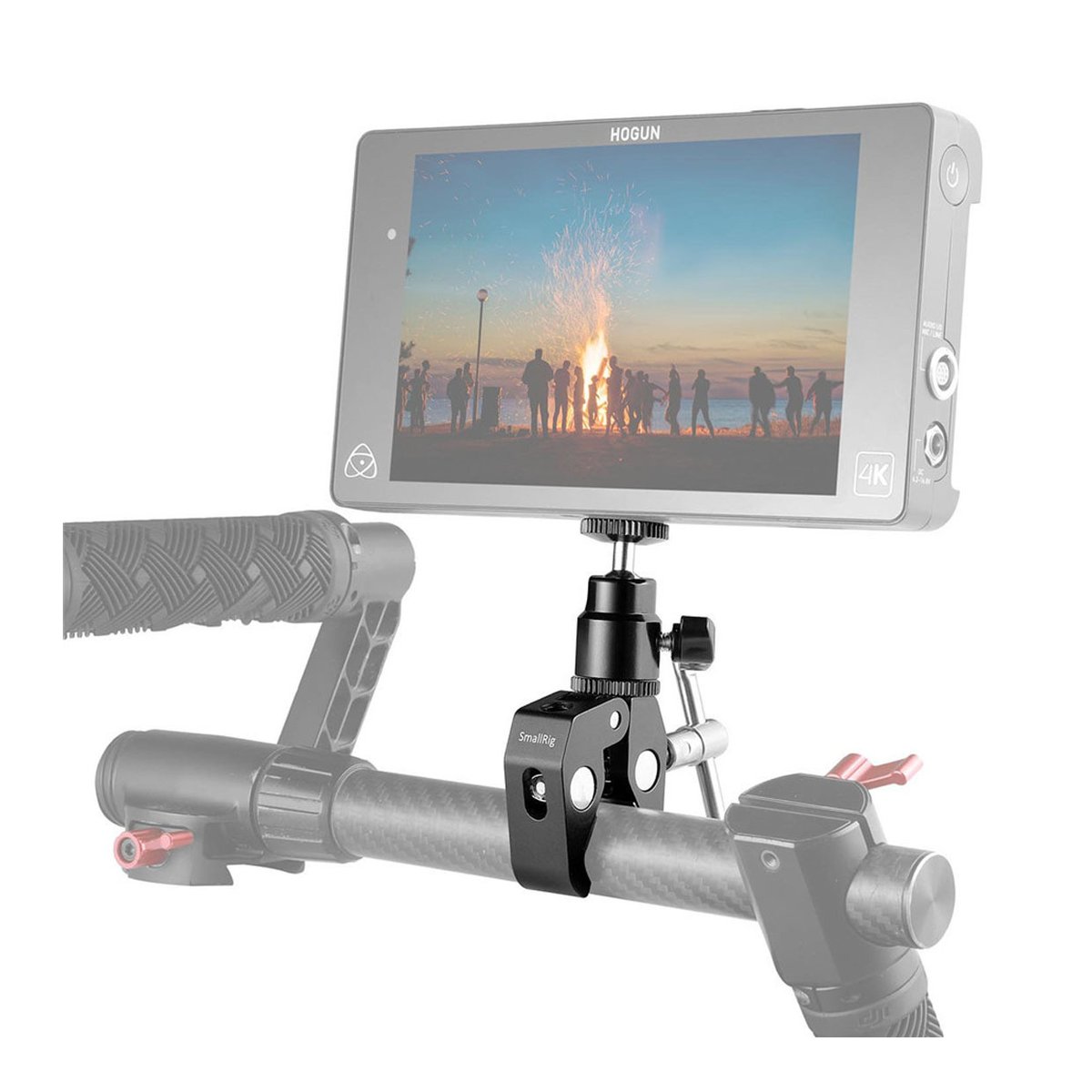 SmallRig 1124 Super Clamp Halterung mit 1/4" Schraube-Kugelkopf - Anwendungsbeispiel: Monitorbefestigung mit SmallRig Klemme an Kamerarig-Stange
