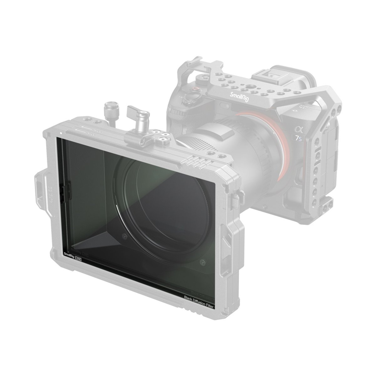 SmallRig 4743 CINE 4x5,65 weißer Diffusionsfilter 1/8 - SmallRig Matte Box mit Black Diffusion Filter an Kamera