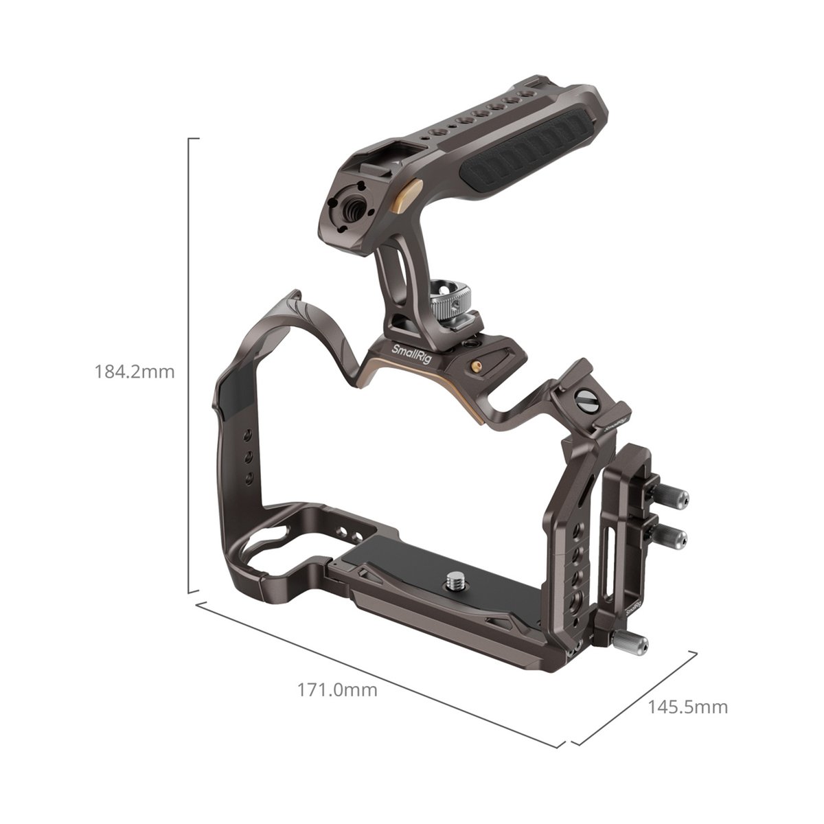 SmallRig 5259 Night Eagle Kit, Cage für Nikon Z5II/5, Z6II/6, Z7II/7 - Perspektivische Ansicht des SmallRig Kamerakäfigs mit Top-Handle und Bemaßungen