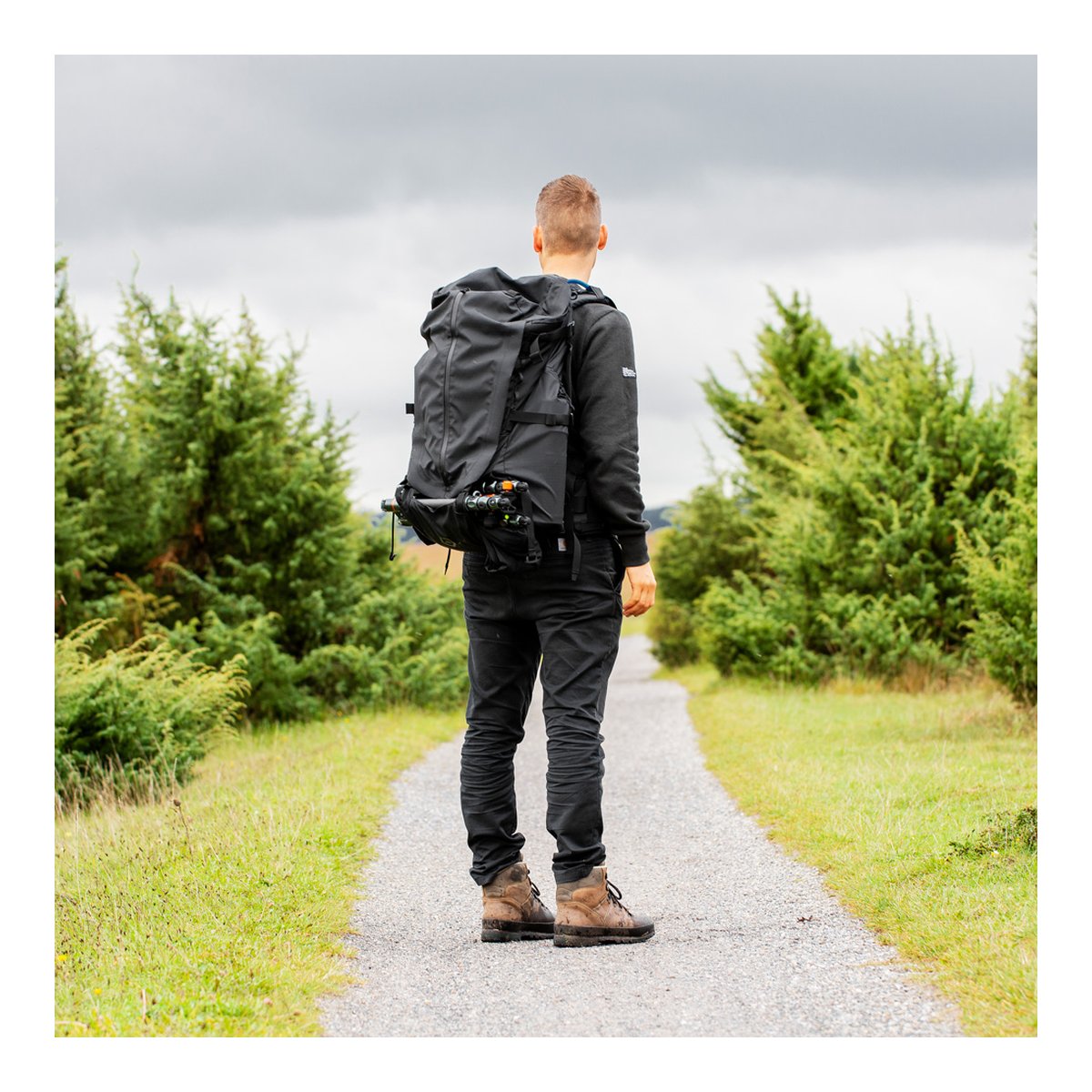 Wandrd Fernweh 50L S/M Schwarz - Rückansicht: Mann trägt schwarzen Rucksack auf einem Naturpfad.