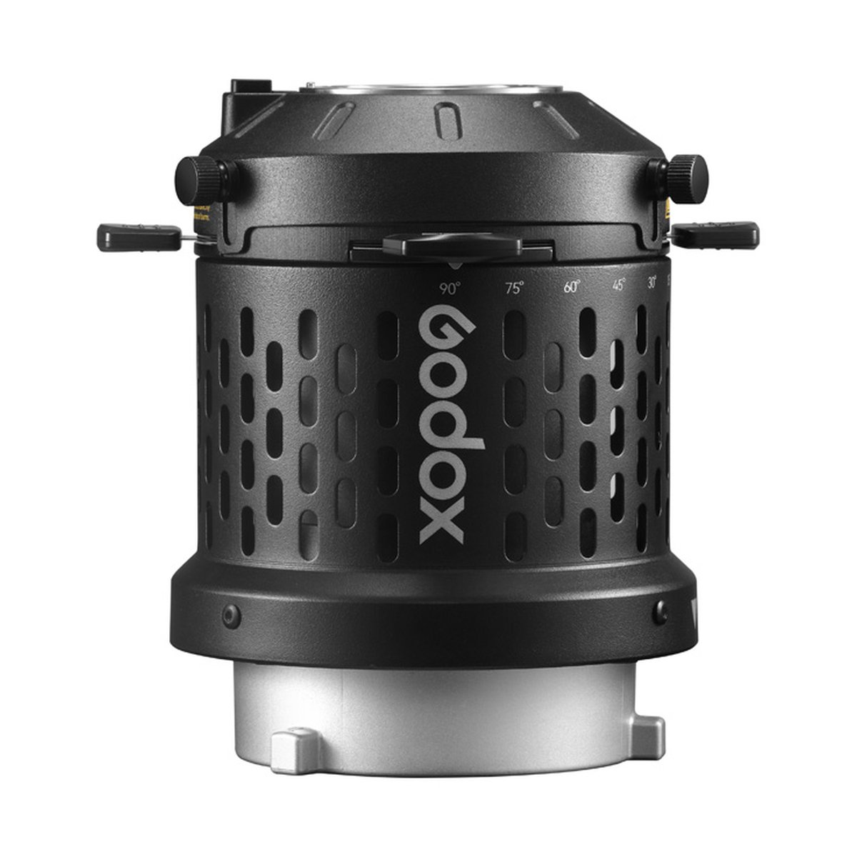 Godox Bowens Mount LED Light Projection Attachment - Frontansicht des schwarzen Godox Projektionsaufsatzes mit Logo und Winkelanzeige