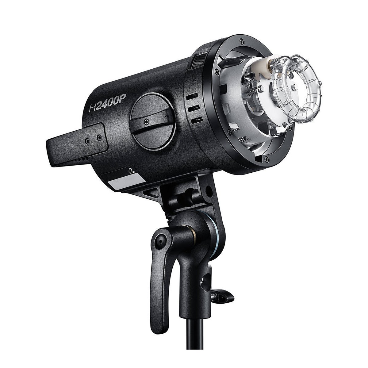 Godox Flash Tube for H2400P - Diagonale Ansicht des Godox H2400P Blitzkopfes mit freiliegender Blitzröhre und Stativadapter.