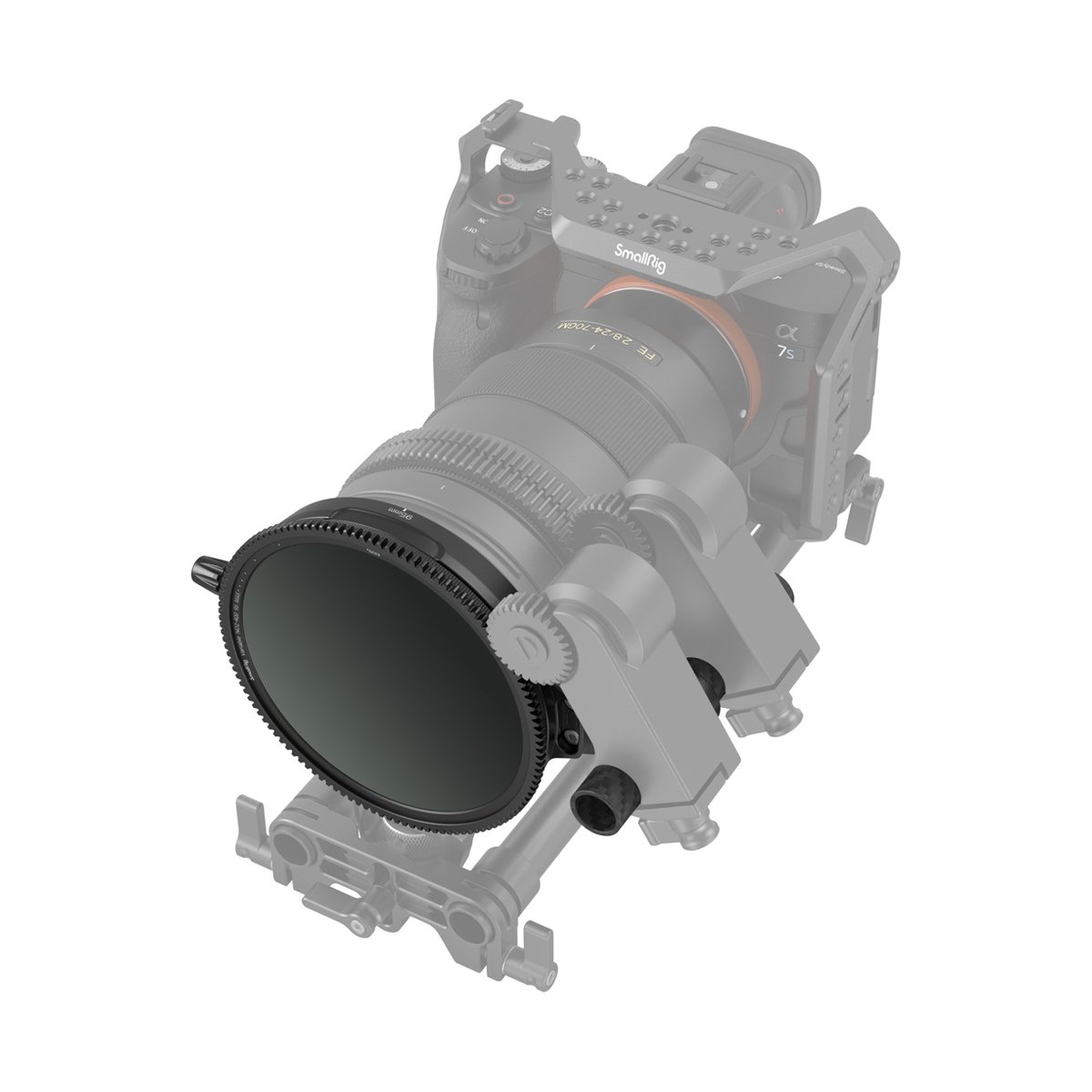 SmallRig 3864 CPL-VND Filterkit 95 mm mit Rod Clamp - Anwendungsbeispiel: variabler ND-Filter auf Kameraobjektiv mit Rod-Support.