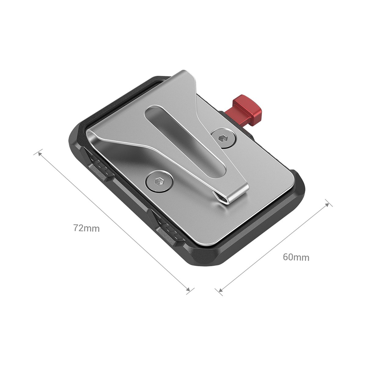 SmallRig 2990 Mini-V-Batterieplatte mit Gürtelklemme - Detailansicht des Befestigungsclips mit Abmessungen 72x60mm.