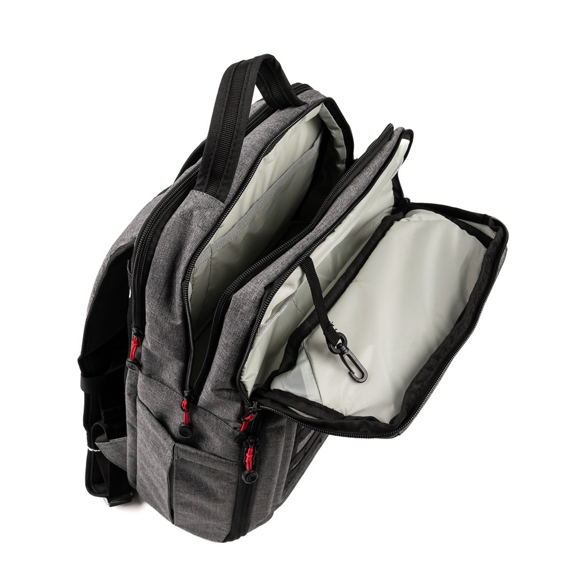 Caruba Skyline 100 Drohnenpack Grau - Innenansicht der geöffneten Fächer des grauen Rucksacks mit Karabiner