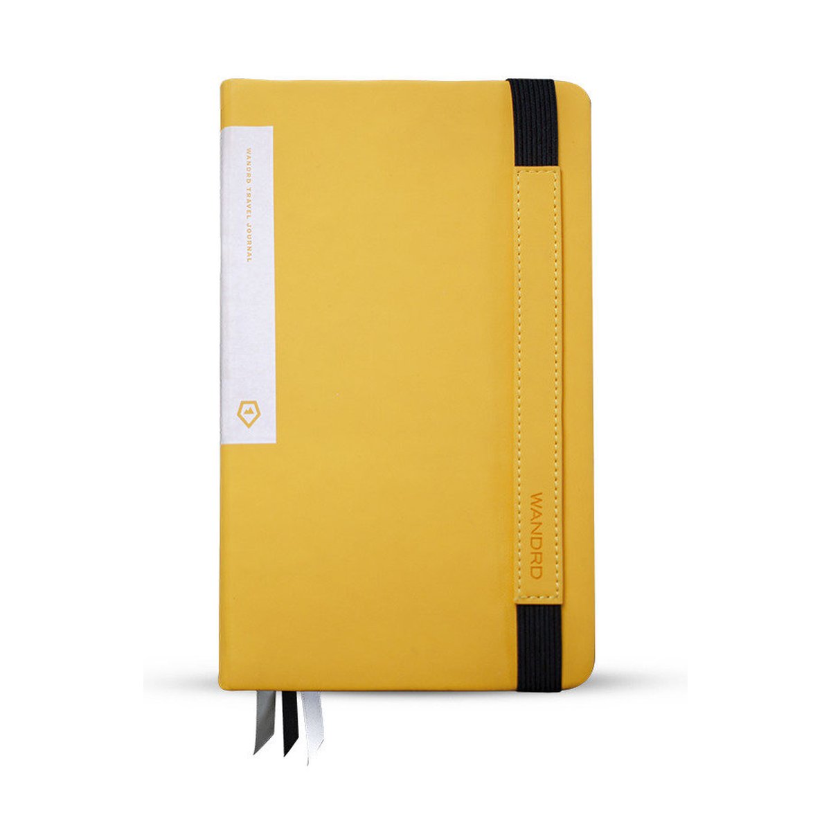 WANDRD THE TRAVEL JOURNAL Yellow - Frontansicht: Gelbes Wandrd Travel Journal mit schwarzem Gummiband & zwei Lesebändern