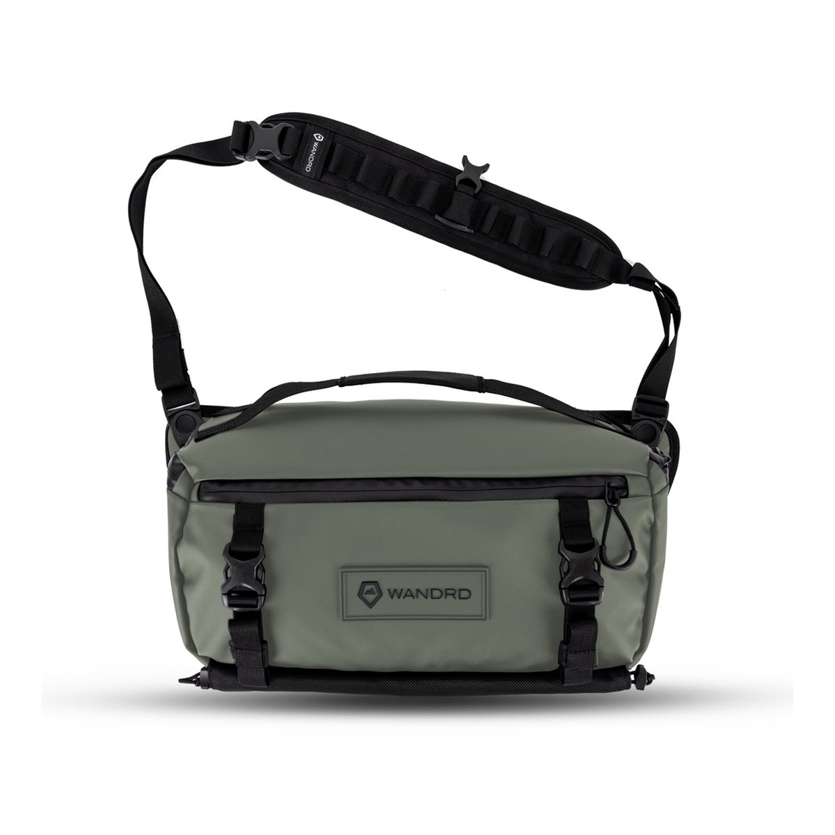 WANDRD ROGUE Sling 9L Wasatch Green - Frontansicht der olivgrünen WANDRD Messenger Bag mit Schultergurt und seitlichen Schnallen.