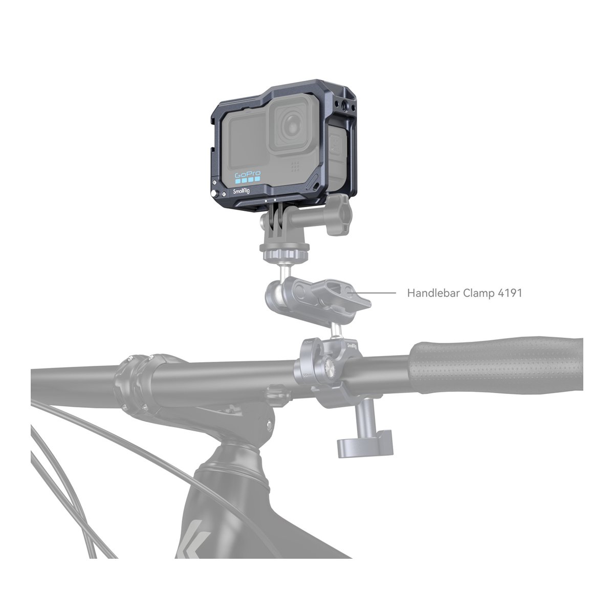 SmallRig 3084C Cage für GoPro Hero 13 / 12 / 11 / 10 / 9 Black - Anwendungsbeispiel: Lenkerhalterung 4191 mit montierter GoPro-Kamera an einem Fahrradlenker.