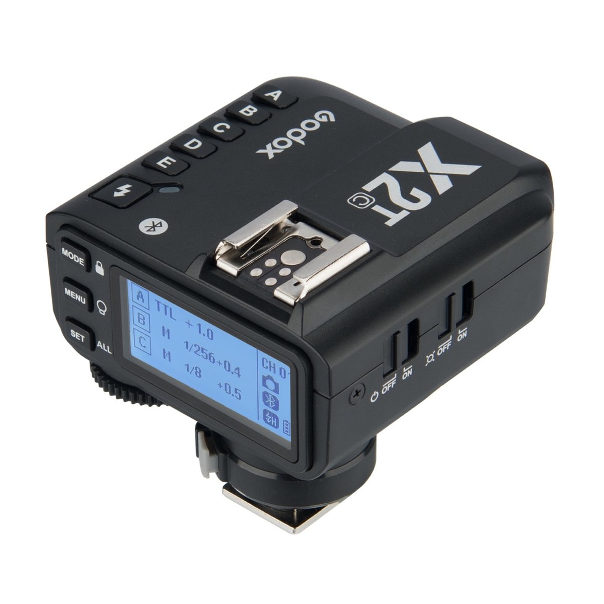 Godox X2 transmitter Canon - Godox X2T Funkauslöser: Ansicht von oben und vorne mit beleuchtetem Display und Bedienelementen.