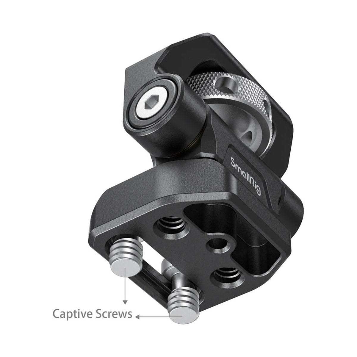 SmallRig 2904B Swivel & Tilt Monitor- Halterung mit zwei 1/4" Schrauben - Detailansicht eines SmallRig-Adapters mit hervorgehobenen unverlierbaren Schrauben