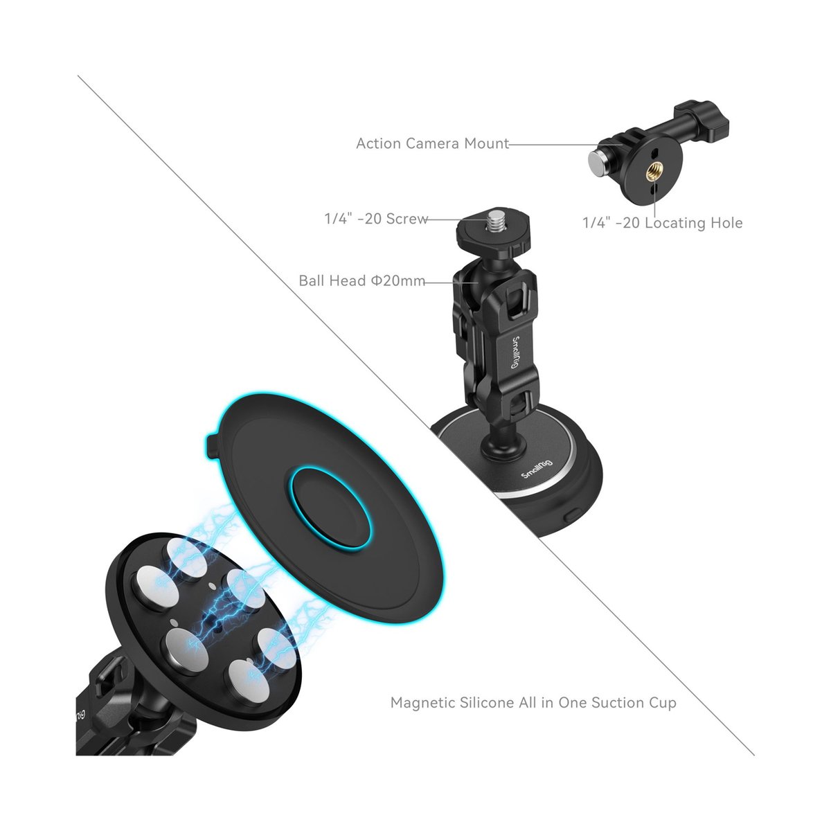 SmallRig 4466 Magic Arm Magnetischer Saugnapf-Halterungssatz f.Action-Kameras - DETAILANSICHT: Explosionszeichnung des Kamerahalterungssystems mit Saugnapf, Gelenkarm und Actioncam-Adapter.