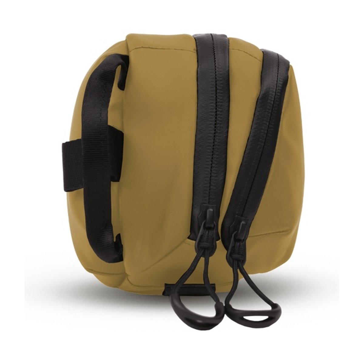 WANDRD Tech Bag Large Dallol Yellow - Detailansicht Reißverschlüsse und Trageschlaufe einer olivfarbenen Tasche