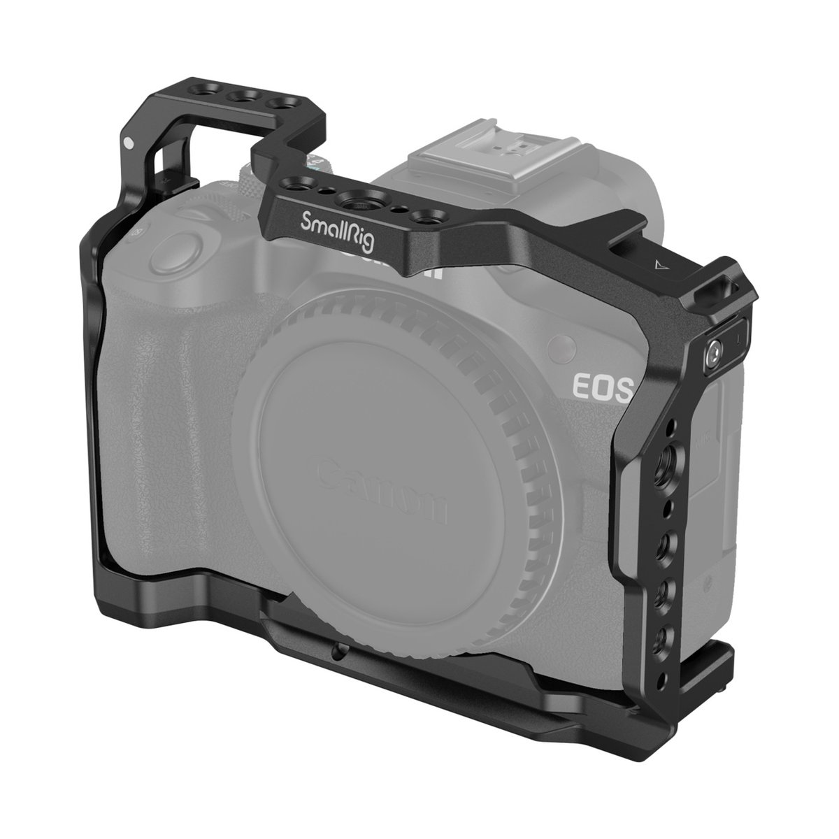 SmallRig 4214 Cage für Canon EOS R50 - Anwendungsbeispiel: Schwarzer SmallRig Kamerakäfig montiert an einer grauen Canon EOS Kamera, schräge Vorderansicht.