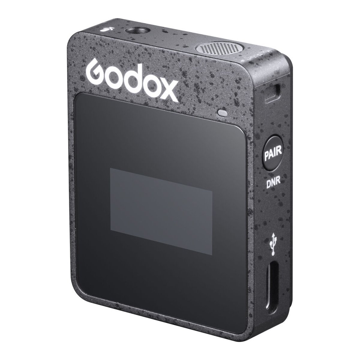Godox MoveLink II TX Transmitter (Zwart) - Godox Wireless-Audio-Sender/Empfänger, schräge Frontansicht mit Display, Godox-Logo und seitlichen Bedienelementen.