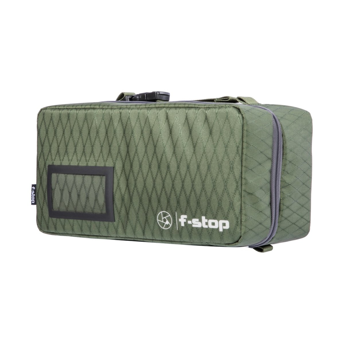 F-Stop Drone Case Large - Olivgrüner f-stop Kamera-Einsatz mit Rautenmuster, schräge Frontansicht.
