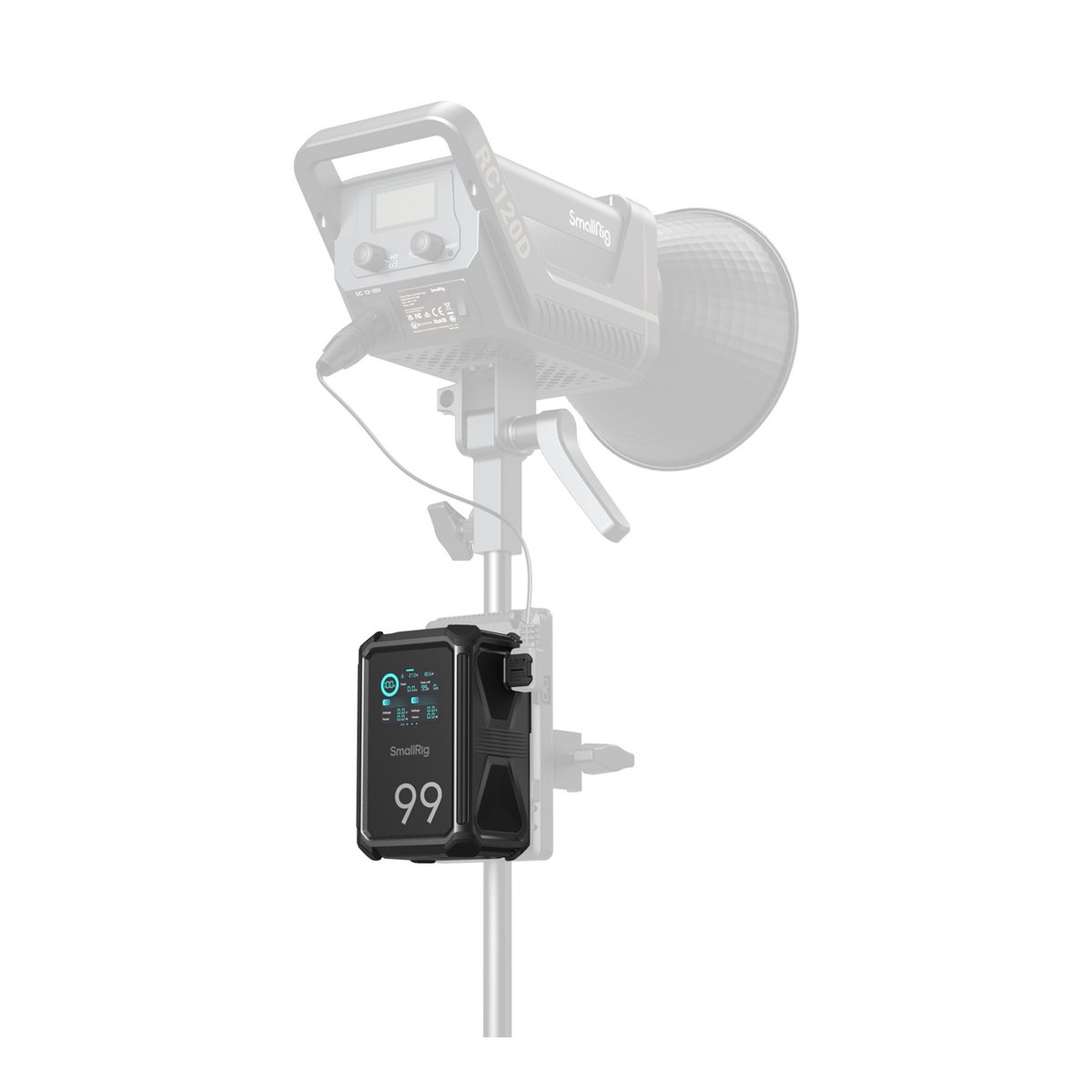 SmallRig 4984 X-Touch Smart Dreifach Proof V-Mount Akku X99 - Detailansicht Steuerbox mit Display, zeigt den Wert 99.