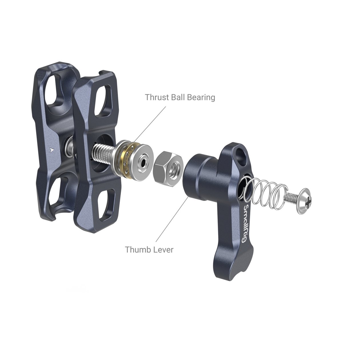 SmallRig 3875 Magic Arm m. Doppelkugel- Kopf (1/4"-20 Schraube+NATO Klemme) - Explosionszeichnung: Klemmarm-Einzelteile mit Kugellager, Schraube, Feder und Daumenhebel beschriftet