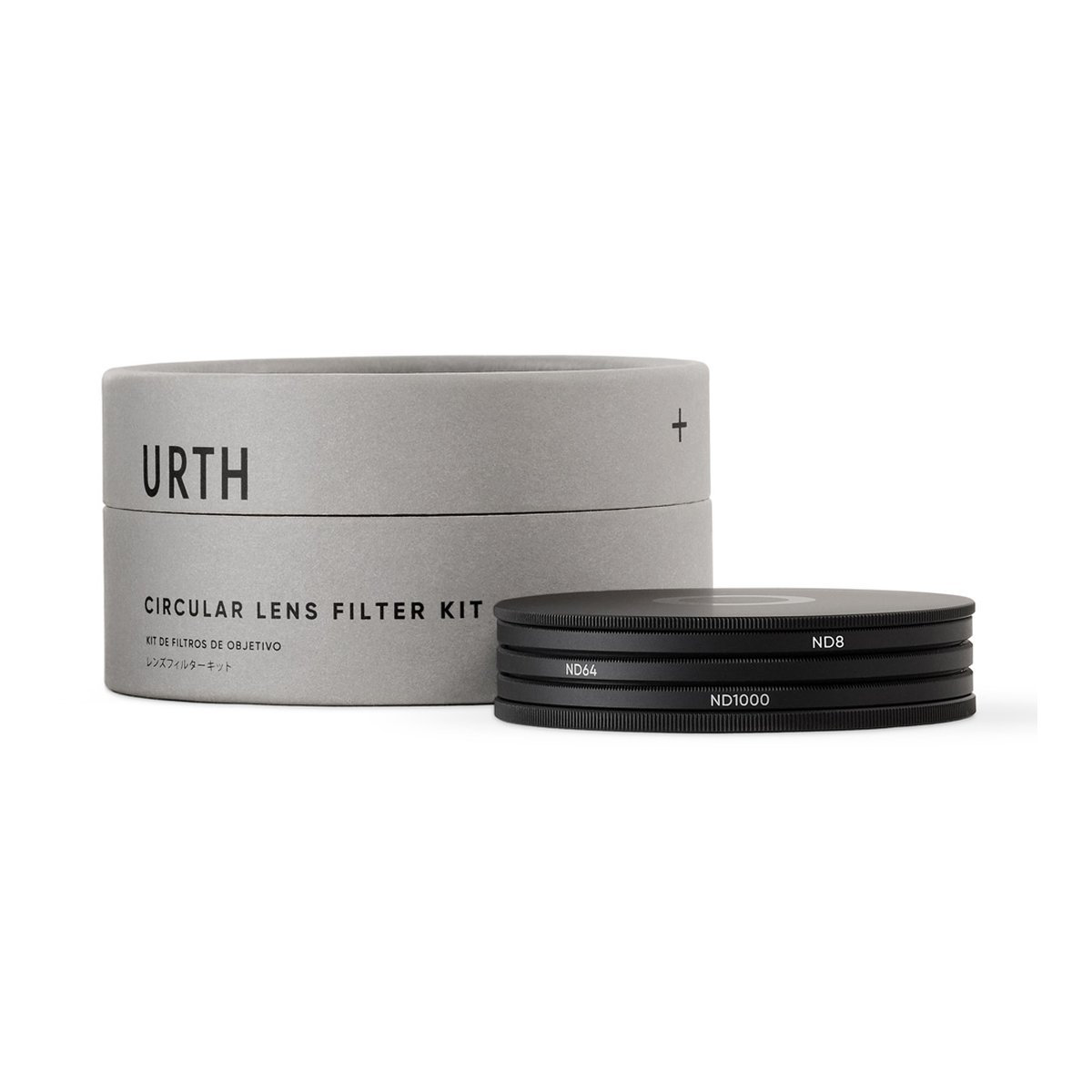 Urth 77mm ND8, ND64, ND1000 Objektivfilter Kit (Plus+) - Lieferumfang des Urth Circular Lens Filter Kits mit Verpackung und drei gestapelten ND-Filtern.