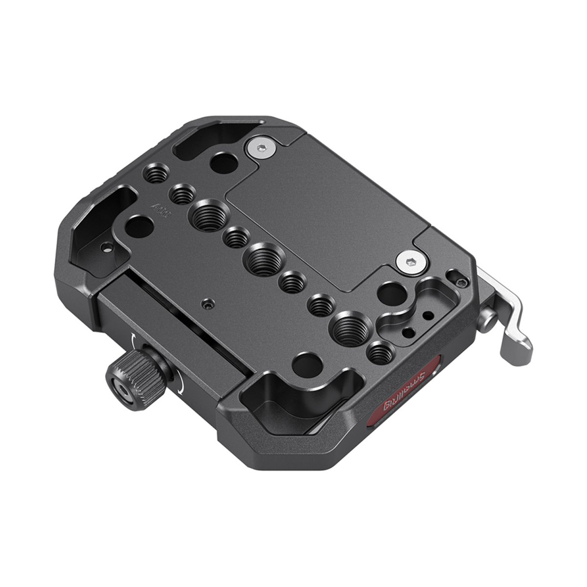 SmallRig 2887B Drop-In Basisplatte, Manfrotto, kompatibel zu 501PL QR-Platte - Schräge Draufsicht auf eine SmallRig Montageplatte mit vielen Gewindebohrungen und Drehknopf.