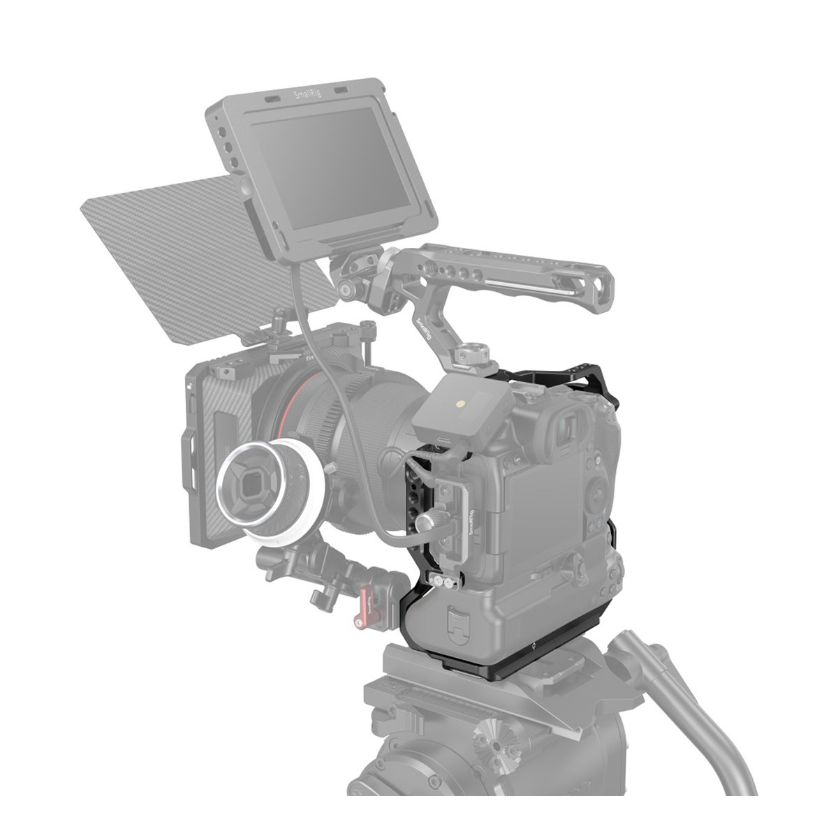 SmallRig 3464B Cage für Canon EOS R5/R6/R5C/R6 Mark II mit BG-R10 - Detailansicht: Kameracage-Bodenplatte und Seitenbügel am Kameragehäuse. SmallRig 3464B Cage für Canon EOS R5/R6/R5C/R6 Mark II mit BG-R10 - Detailansicht: Kameracage-Bodenplatte und Seitenbügel am Kameragehäuse.