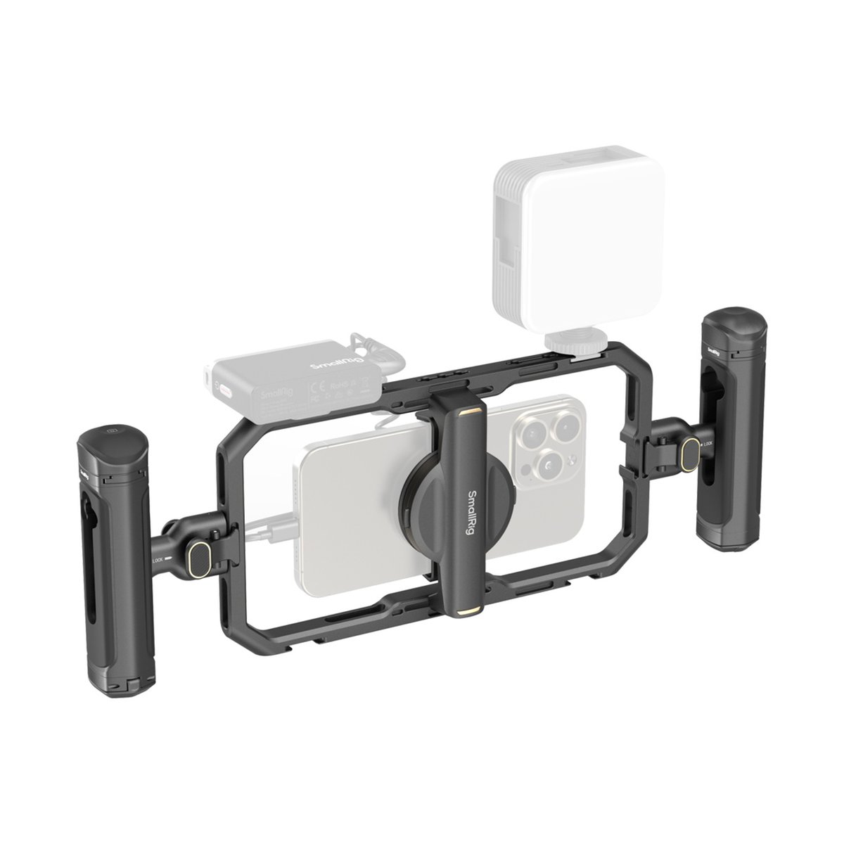 SmallRig 4597 All in one Videokit für Smartphone Creators Quick Basic - Anwendungsbeispiel des Smartphone-Videorigs mit montiertem Mikrofon und LED-Licht SmallRig 4597 All in one Videokit für Smartphone Creators Quick Basic - Anwendungsbeispiel des Smartphone-Videorigs mit montiertem Mikrofon und LED-Licht