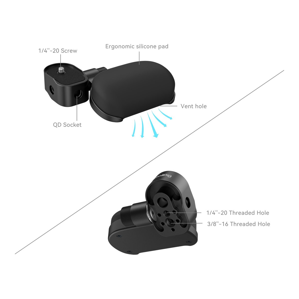 SmallRig 4248 Wrist Support für DJI RS Series, Handgelenkstütze rechts - Technische Detailansicht mit Beschriftungen für Schrauben, Gewinde und Funktionen SmallRig 4248 Wrist Support für DJI RS Series, Handgelenkstütze rechts - Technische Detailansicht mit Beschriftungen für Schrauben, Gewinde und Funktionen
