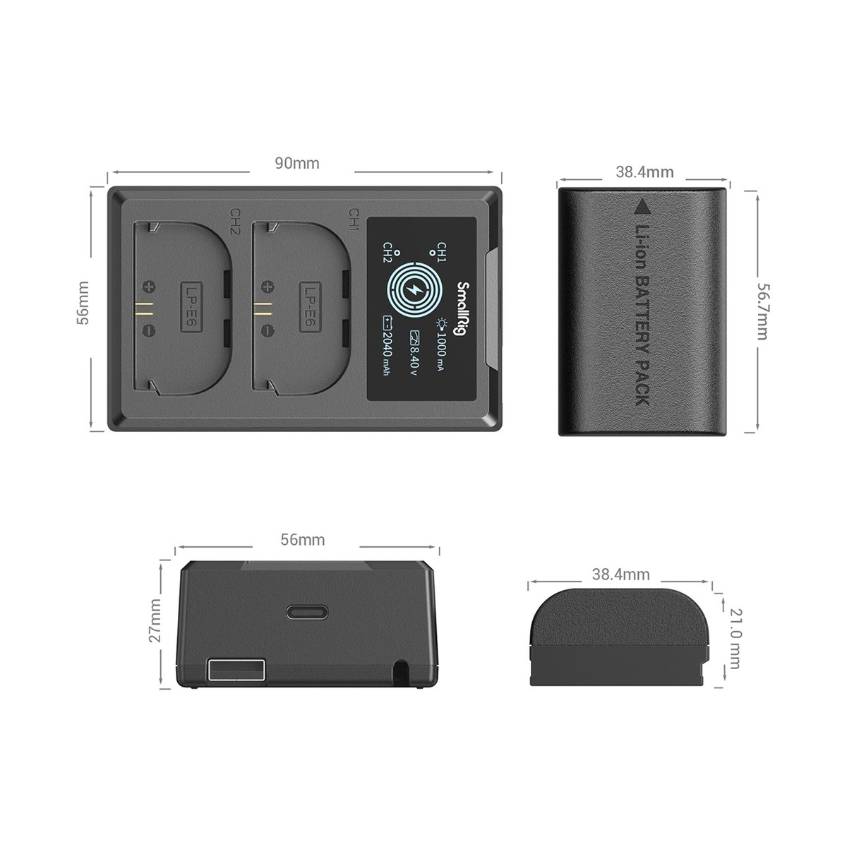 SmallRig 3821 LP-E6NH Kamera-Akku und Ladegerät Kit - Technische Zeichnung: Ladegerät für LP-E6 Akkus und Akku mit Maßen