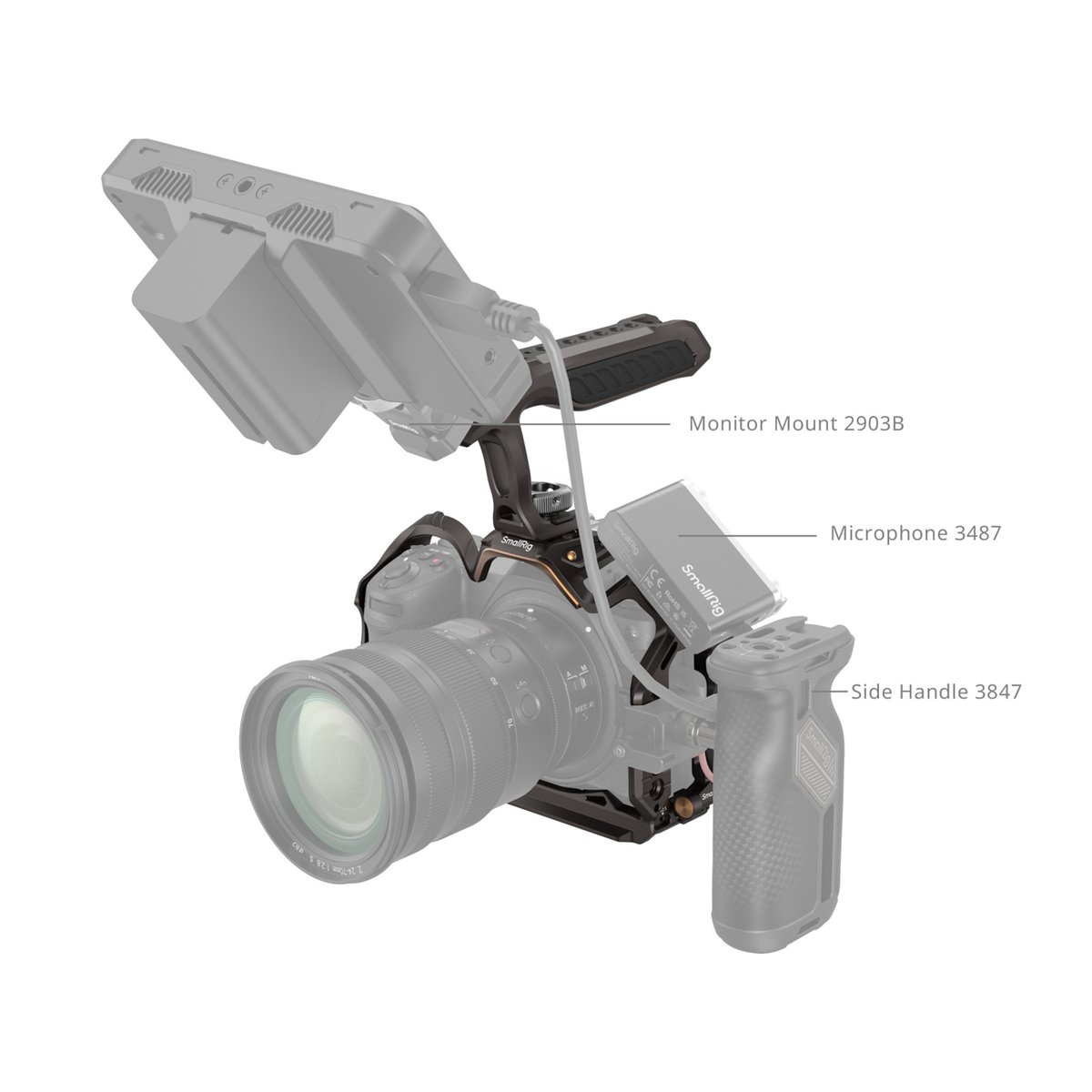 SmallRig 4522 Night Eagle Cage KIT für Nikon Z 6III - Anwendungsbeispiel: SmallRig-Kamerarig mit Monitorhalterung, Mikrofon und Seitengriff.
