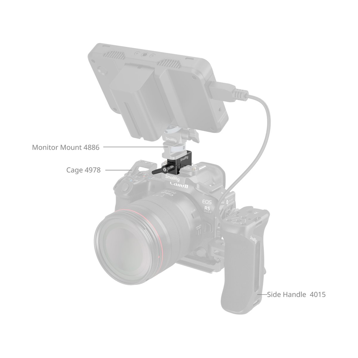 SmallRig 1973B Universal NATO Clamp Support - Anwendungsbeispiel der Monitorhalterung 4886 am Kamera-Rig mit Cage 4978 und Seitenhandgriff 4015.